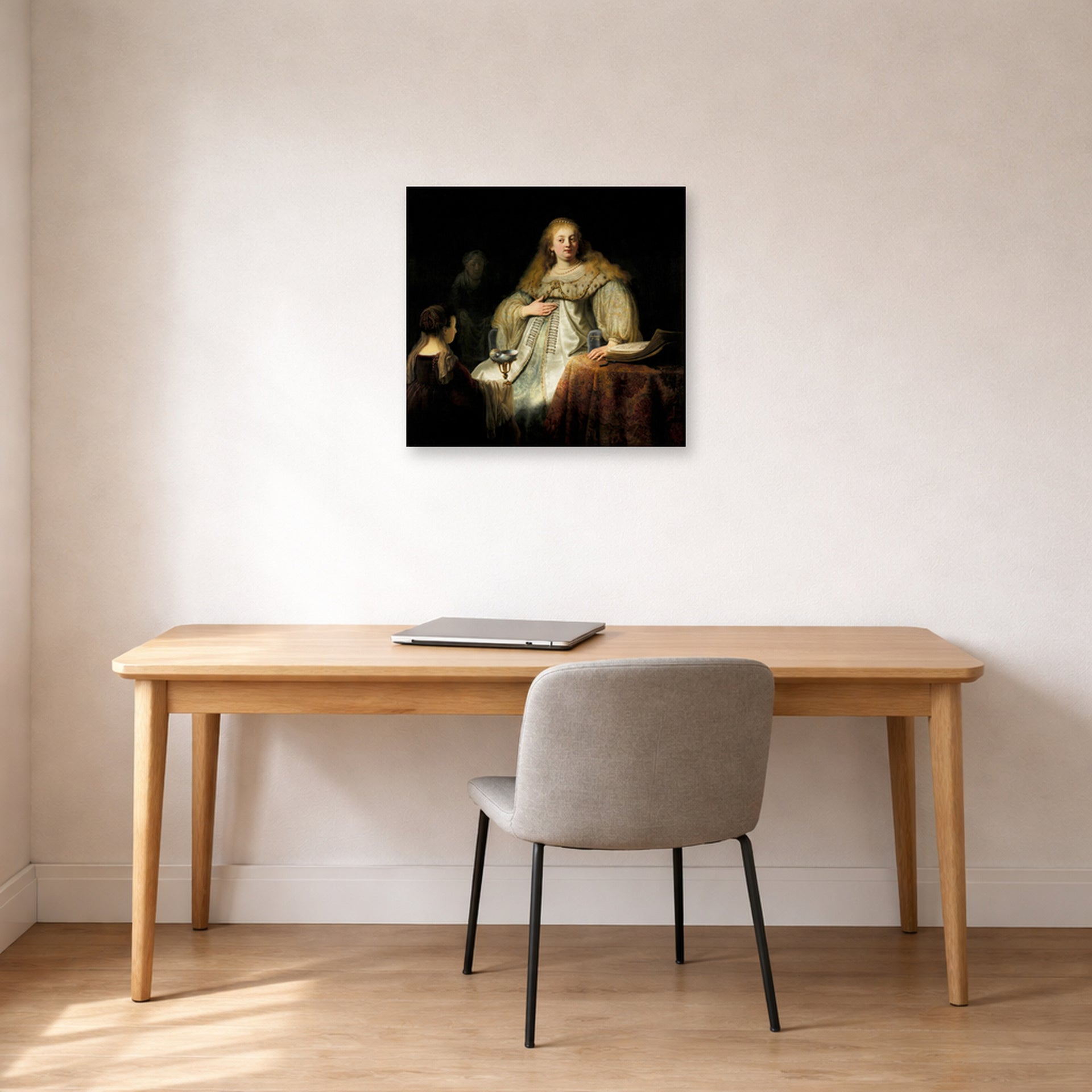 Unframed poster print of Rembrandt's Judith at the Banquet of Holofernes (artemisia) displayed on a wall in an office