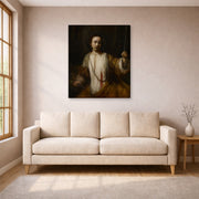Gallery-wrapped canvas print of Rembrandt's Lucretia displayed on a wall in a living room