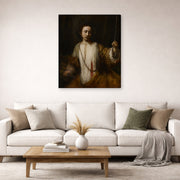 Gallery-wrapped canvas print of Rembrandt's Lucretia displayed on a wall in a living room