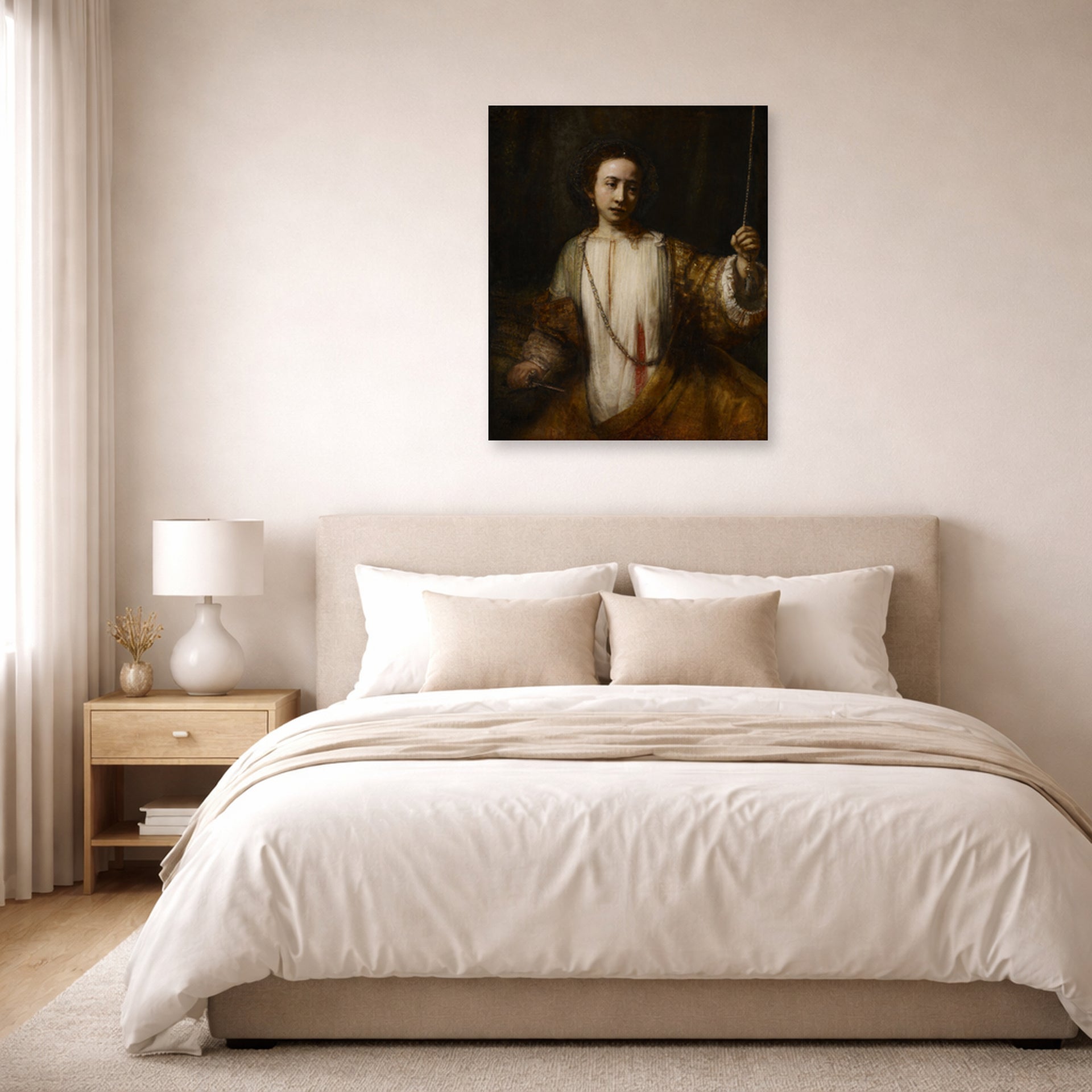 Unframed poster print of Rembrandt's Lucretia displayed on a wall in a bedroom