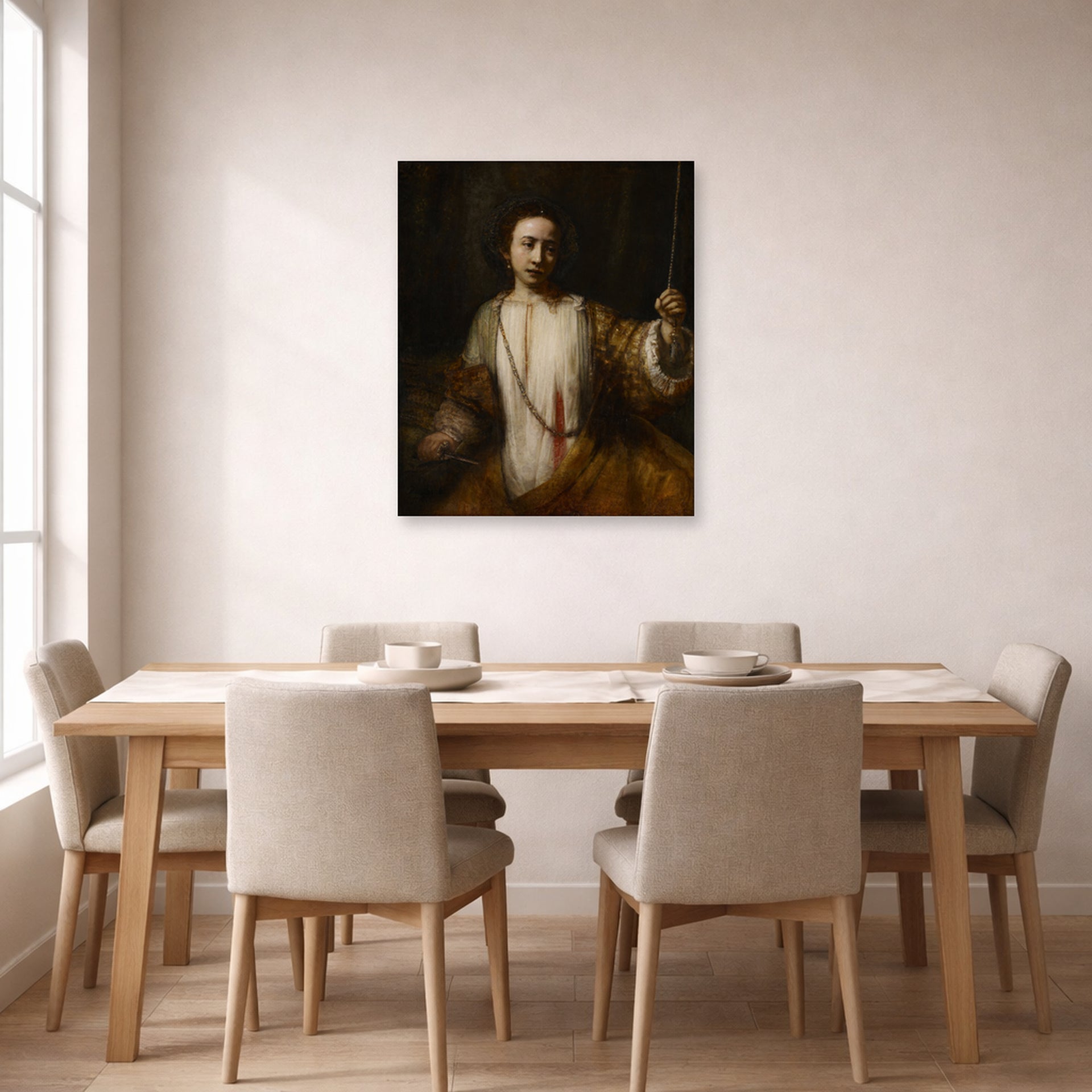 Unframed poster print of Rembrandt's Lucretia displayed on a wall in a dining room