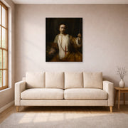Unframed poster print of Rembrandt's Lucretia displayed on a wall in a living room