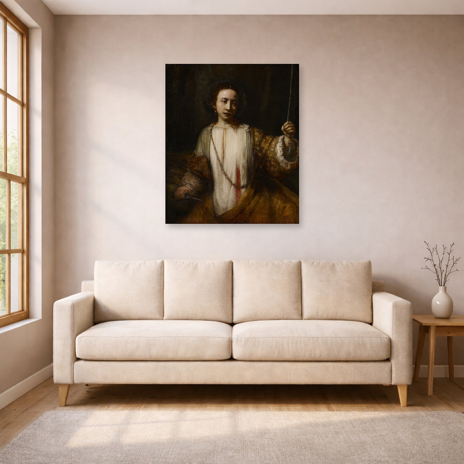 Unframed poster print of Rembrandt's Lucretia displayed on a wall in a living room