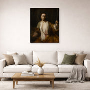 Unframed poster print of Rembrandt's Lucretia displayed on a wall in a living room
