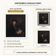 Rembrandt - Man with a Sword canvas print size comparison and framing display infographic