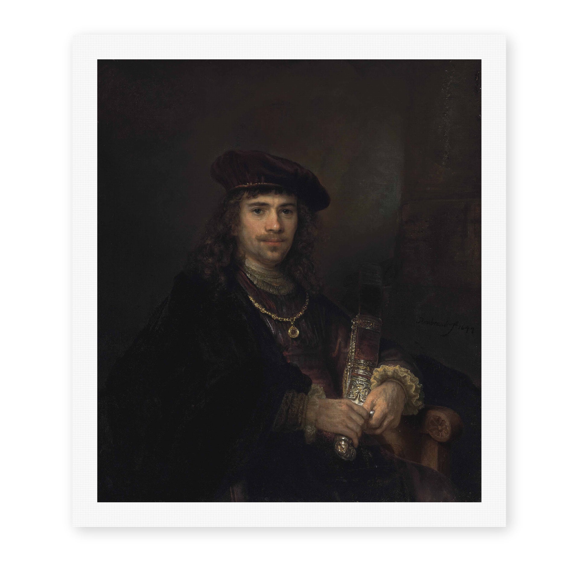Rembrandt's 'Man with a Sword' painting reproduced as a rolled canvas print