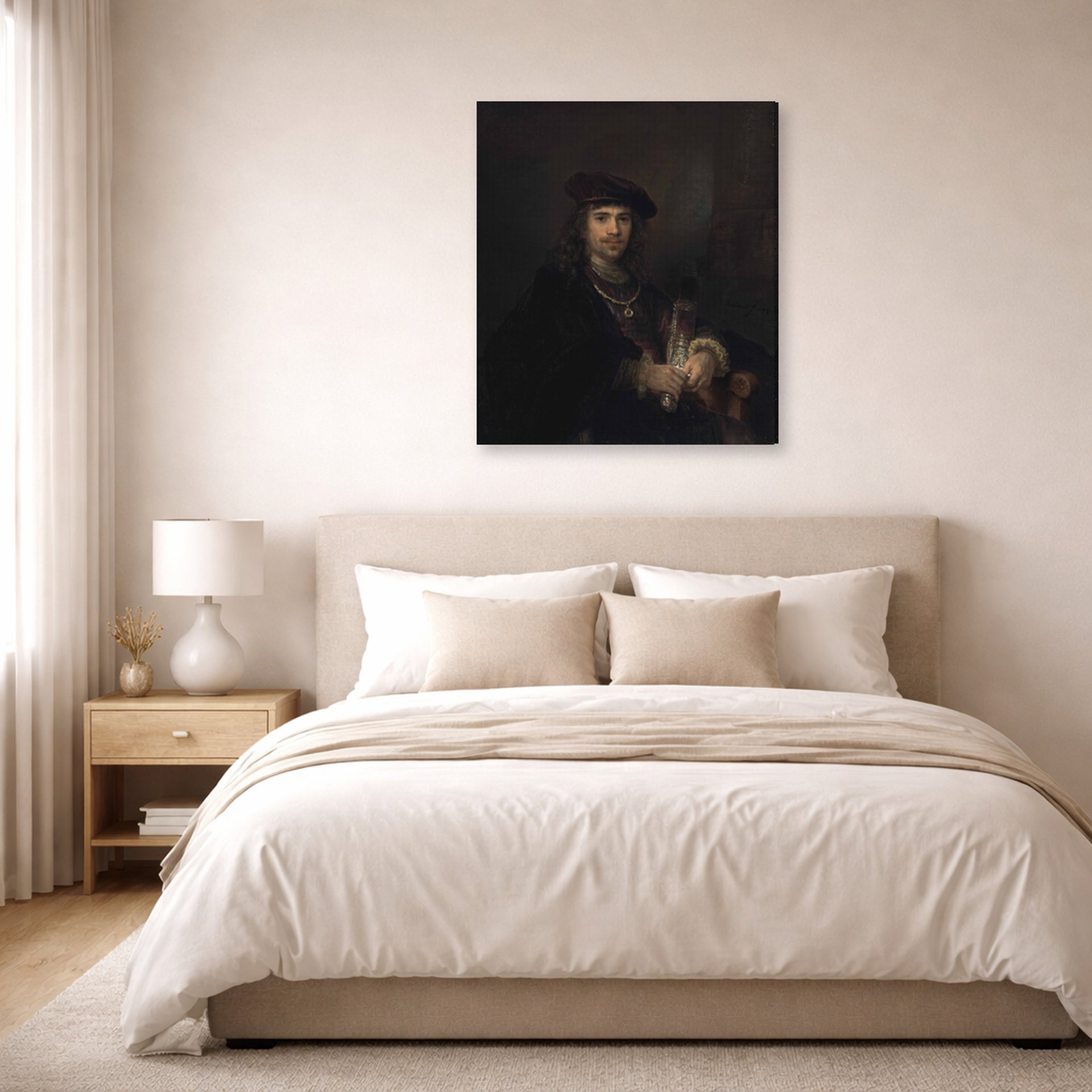 Gallery-wrapped canvas print of Rembrandt's Man with a Sword displayed on a wall in a bedroom