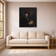 Gallery-wrapped canvas print of Rembrandt's Man with a Sword displayed on a wall in a living room
