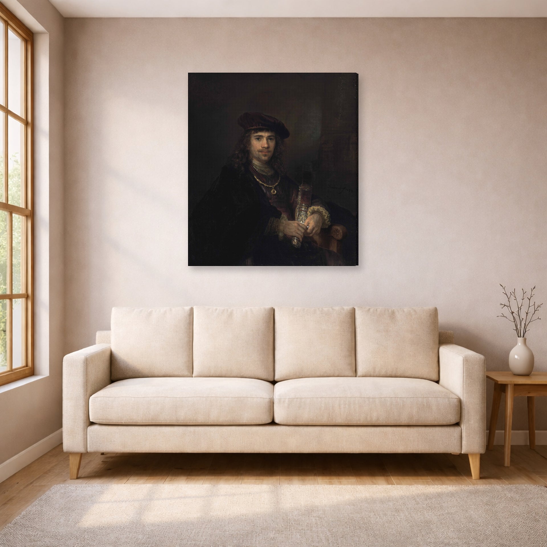 Gallery-wrapped canvas print of Rembrandt's Man with a Sword displayed on a wall in a living room
