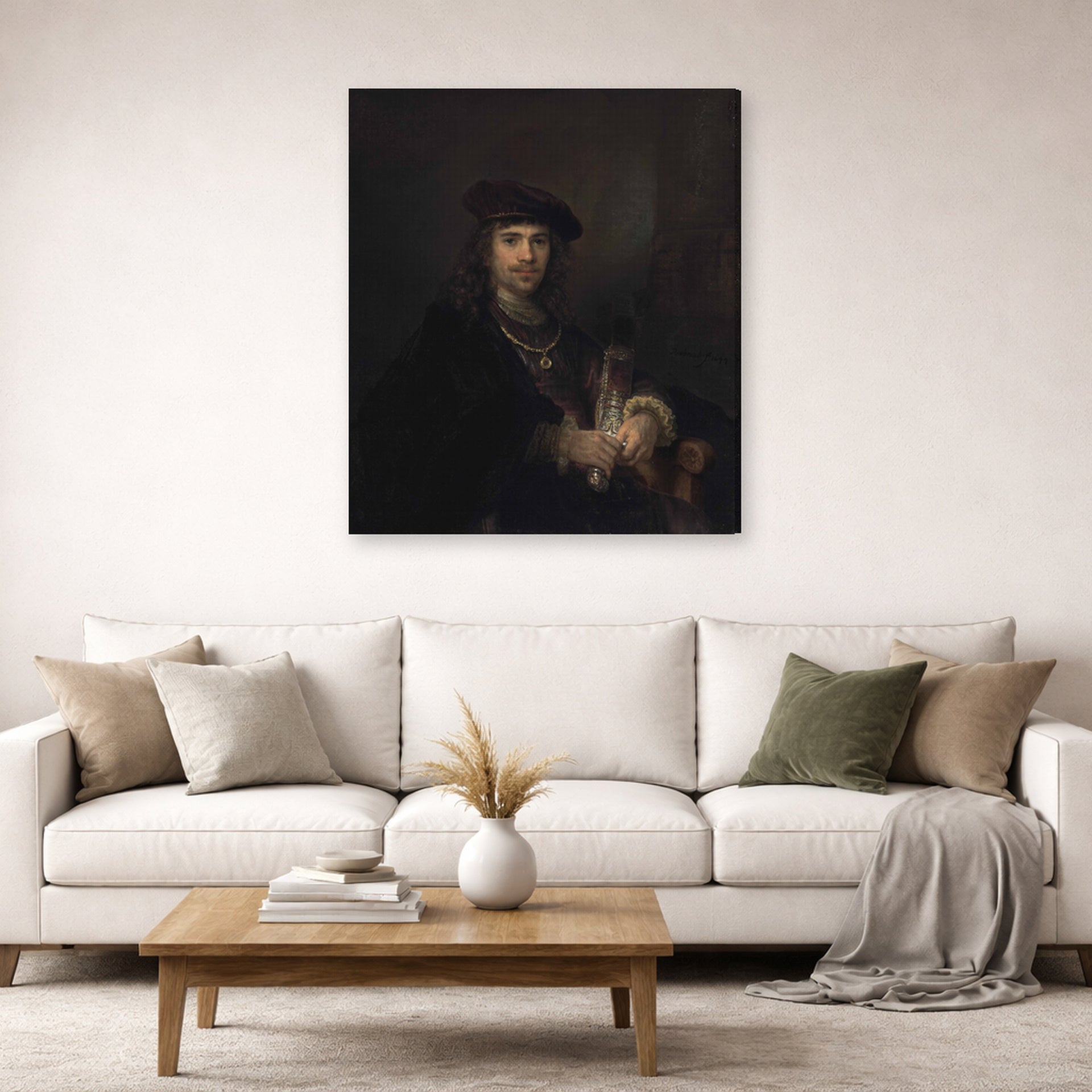 Gallery-wrapped canvas print of Rembrandt's Man with a Sword displayed on a wall in a living room