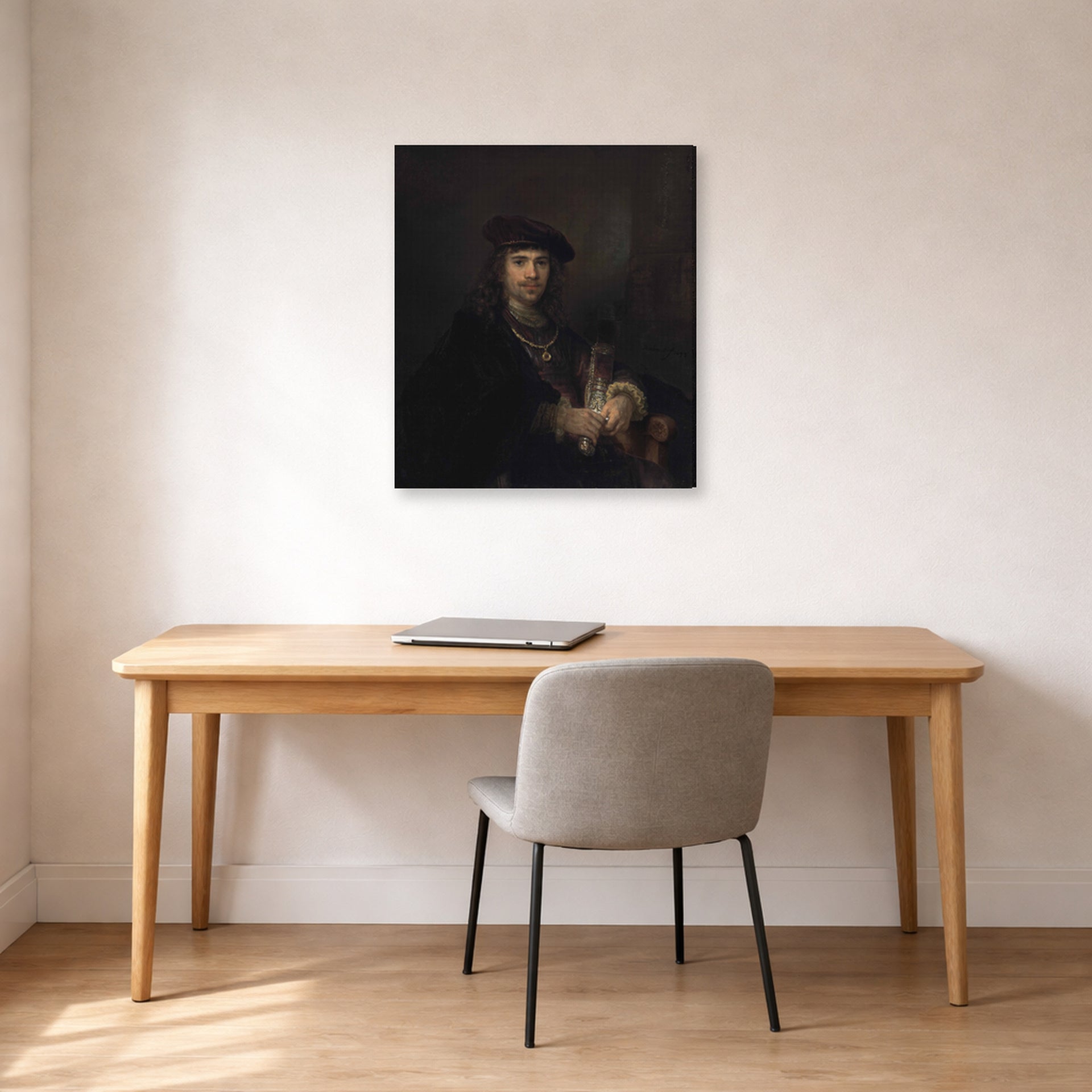 Gallery-wrapped canvas print of Rembrandt's Man with a Sword displayed on a wall in an office