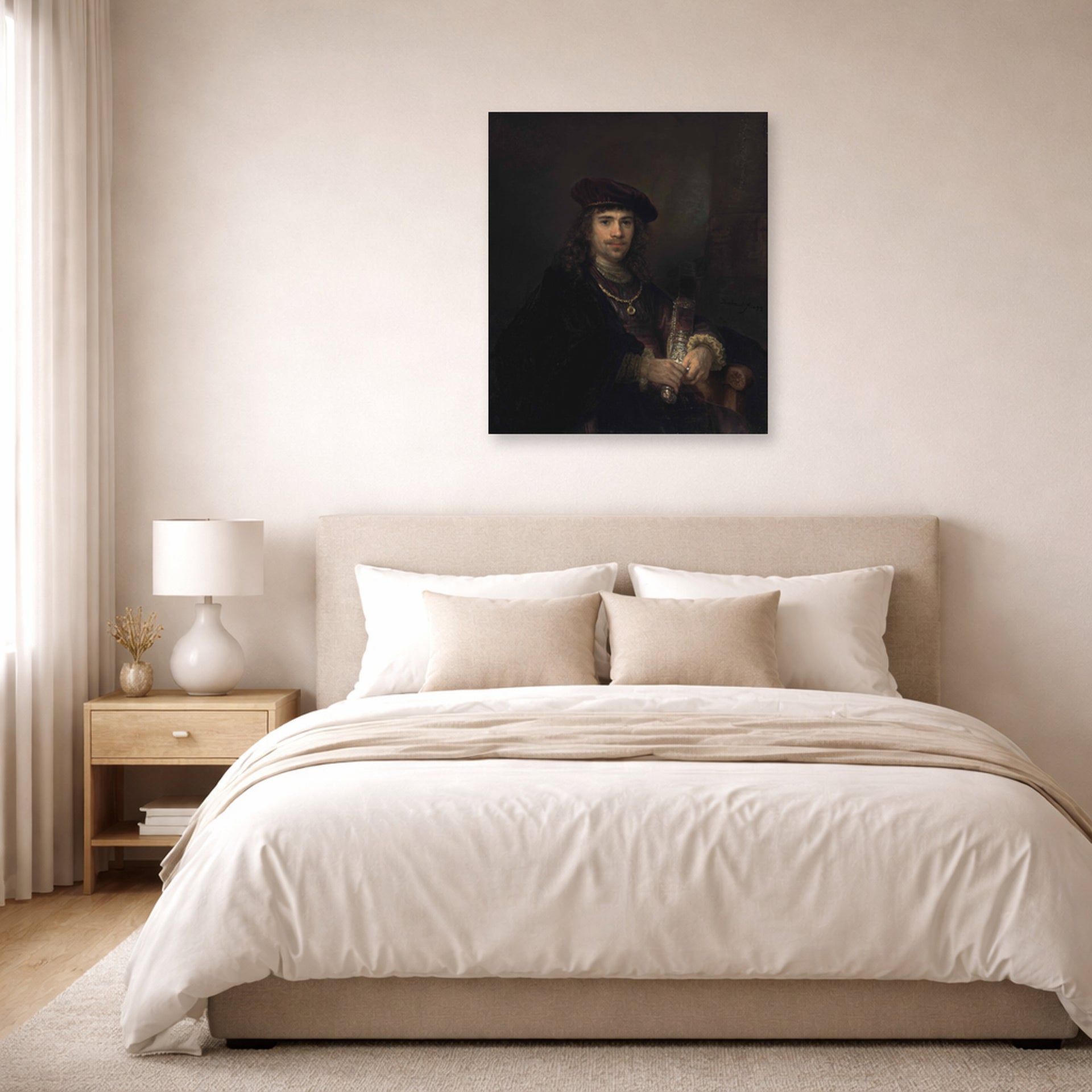 Unframed poster print of Rembrandt's Man with a Sword displayed on a wall in a bedroom