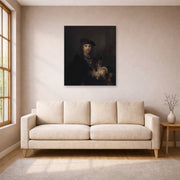 Unframed poster print of Rembrandt's Man with a Sword displayed on a wall in a living room