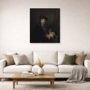 Unframed poster print of Rembrandt's Man with a Sword displayed on a wall in a living room