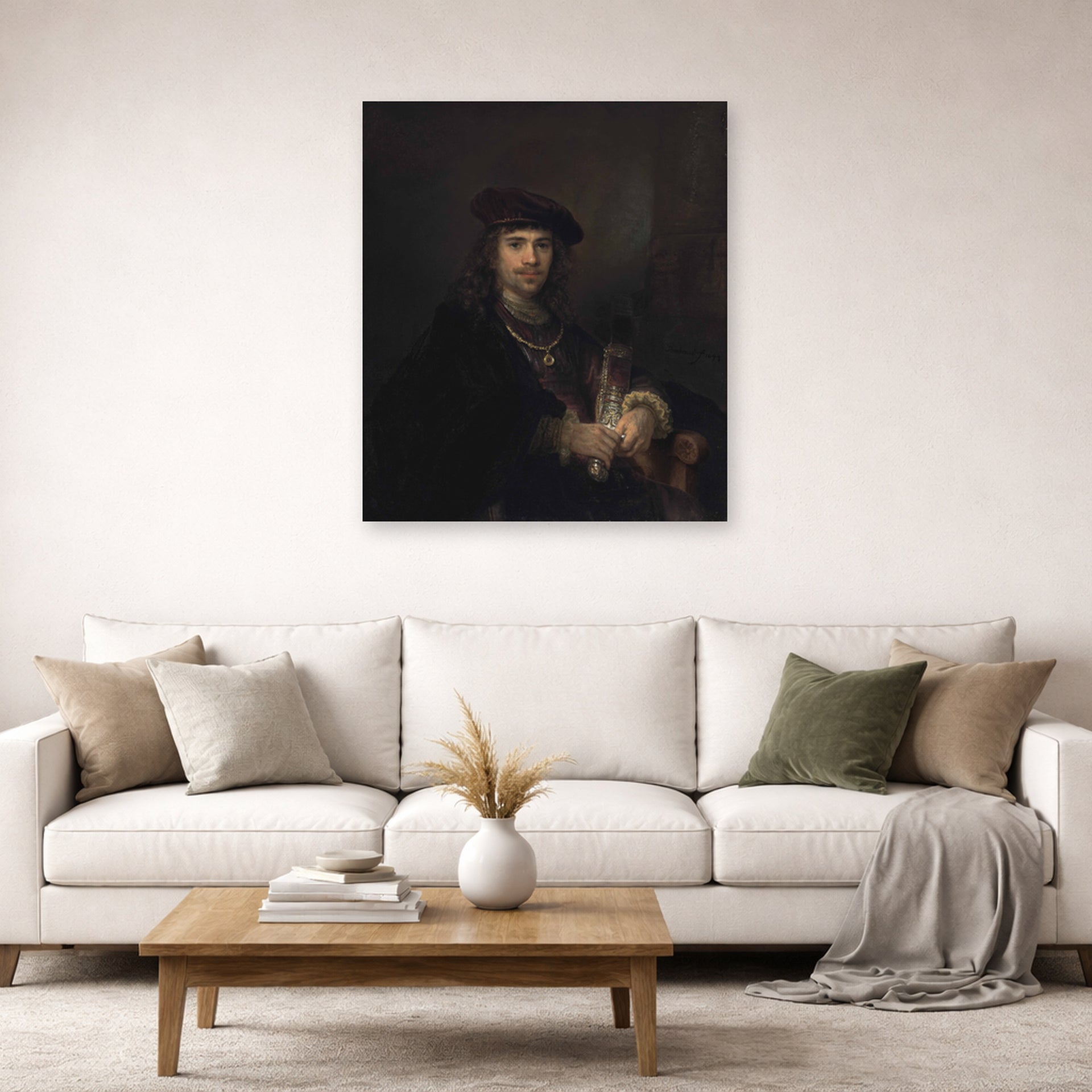 Unframed poster print of Rembrandt's Man with a Sword displayed on a wall in a living room