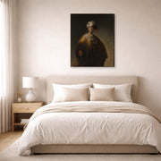 Gallery-wrapped canvas print of Rembrandt's Man in Oriental Costume displayed on a wall in a bedroom