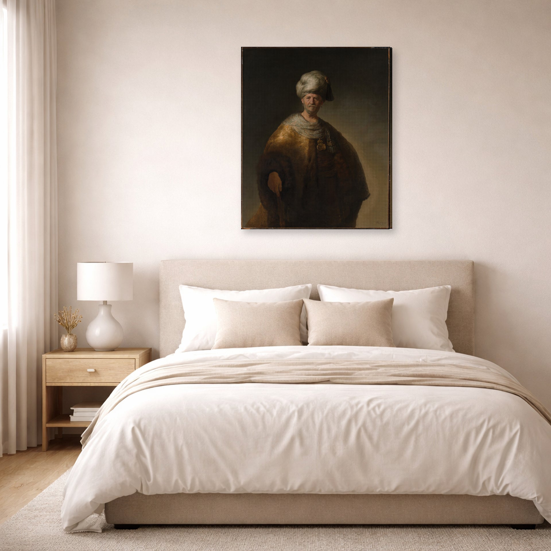 Gallery-wrapped canvas print of Rembrandt's Man in Oriental Costume displayed on a wall in a bedroom