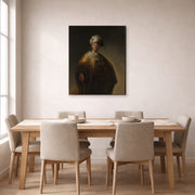 Gallery-wrapped canvas print of Rembrandt's Man in Oriental Costume displayed on a wall in a dining room
