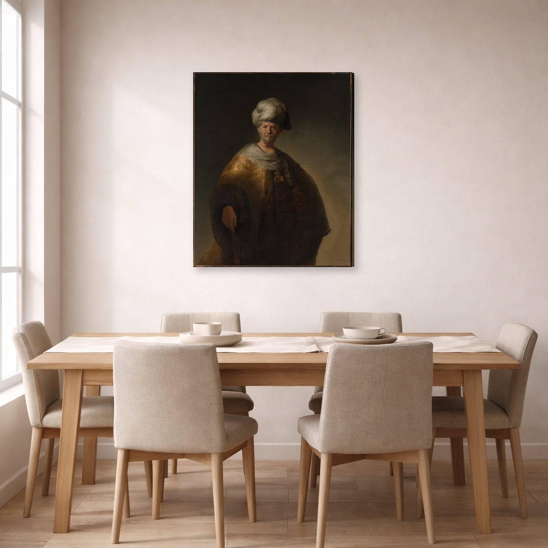 Gallery-wrapped canvas print of Rembrandt's Man in Oriental Costume displayed on a wall in a dining room