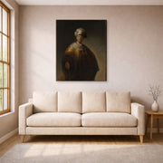 Gallery-wrapped canvas print of Rembrandt's Man in Oriental Costume displayed on a wall in a living room
