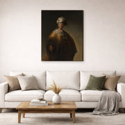 Gallery-wrapped canvas print of Rembrandt's Man in Oriental Costume displayed on a wall in a living room