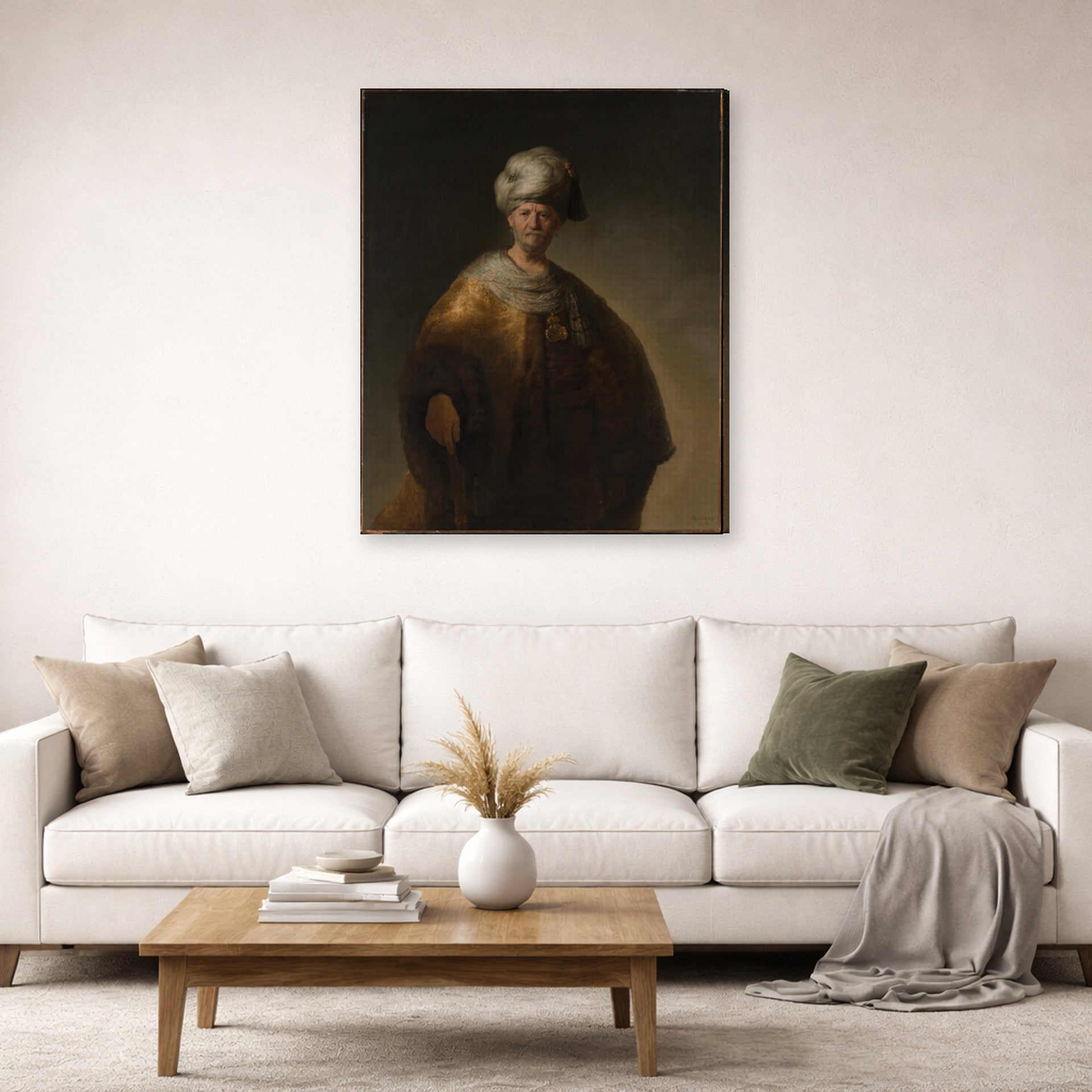 Gallery-wrapped canvas print of Rembrandt's Man in Oriental Costume displayed on a wall in a living room