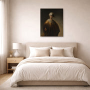 Unframed poster print of Rembrandt's Man in Oriental Costume displayed on a wall in a bedroom