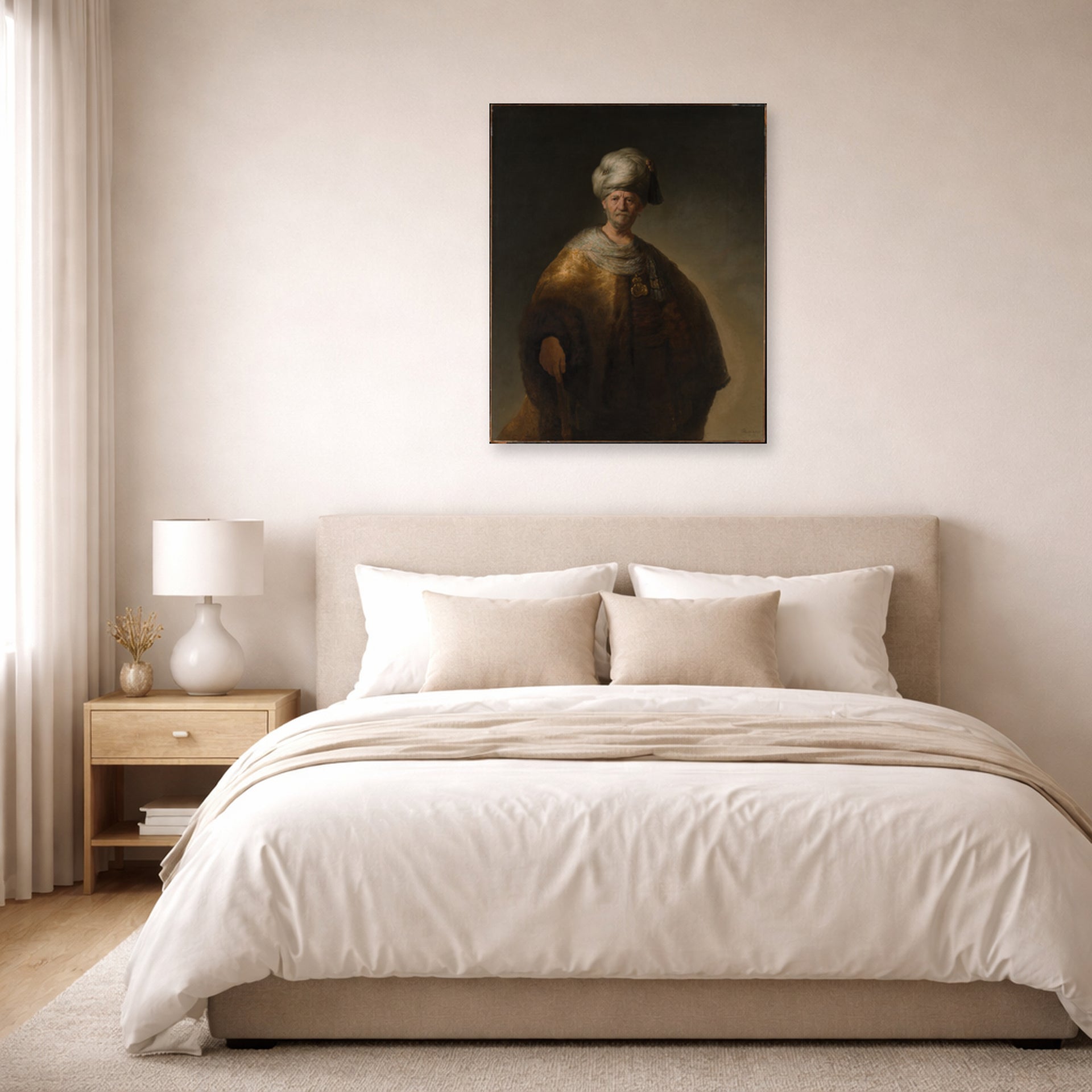 Unframed poster print of Rembrandt's Man in Oriental Costume displayed on a wall in a bedroom