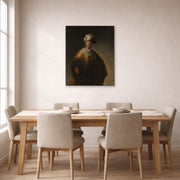 Unframed poster print of Rembrandt's Man in Oriental Costume displayed on a wall in a dining room
