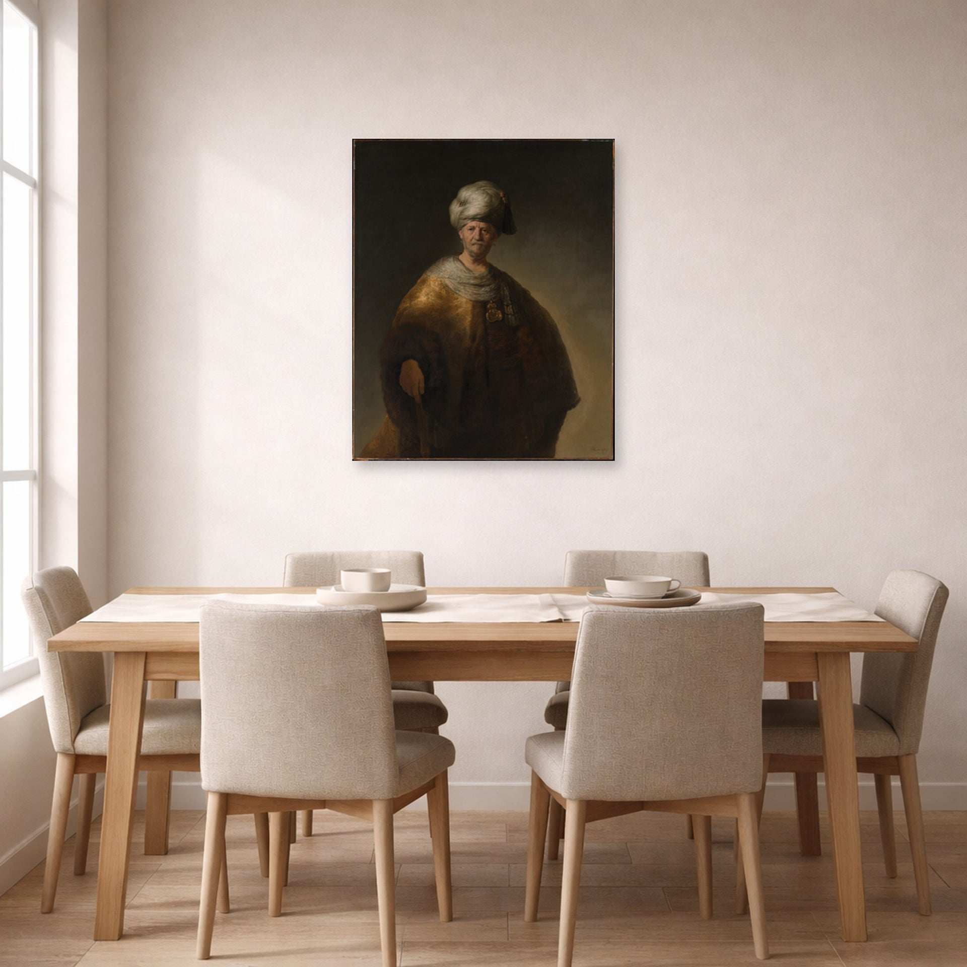 Unframed poster print of Rembrandt's Man in Oriental Costume displayed on a wall in a dining room