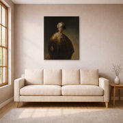 Unframed poster print of Rembrandt's Man in Oriental Costume displayed on a wall in a living room