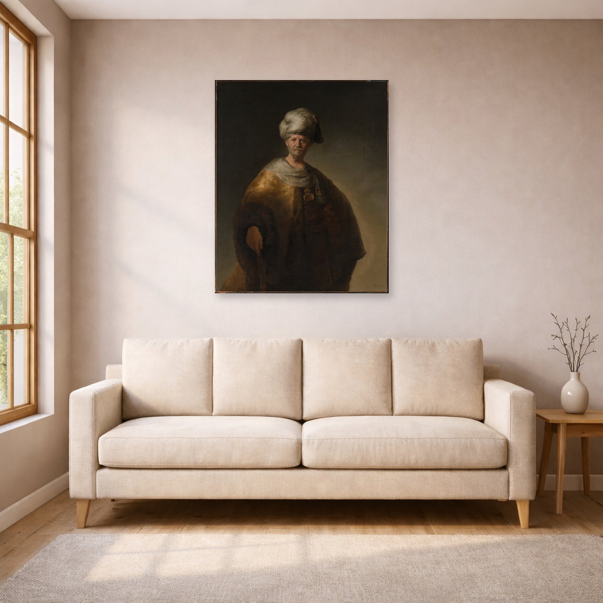 Unframed poster print of Rembrandt's Man in Oriental Costume displayed on a wall in a living room
