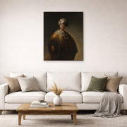 Unframed poster print of Rembrandt's Man in Oriental Costume displayed on a wall in a living room
