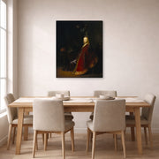 Gallery-wrapped canvas print of Rembrandt's Minerva displayed on a wall in a dining room