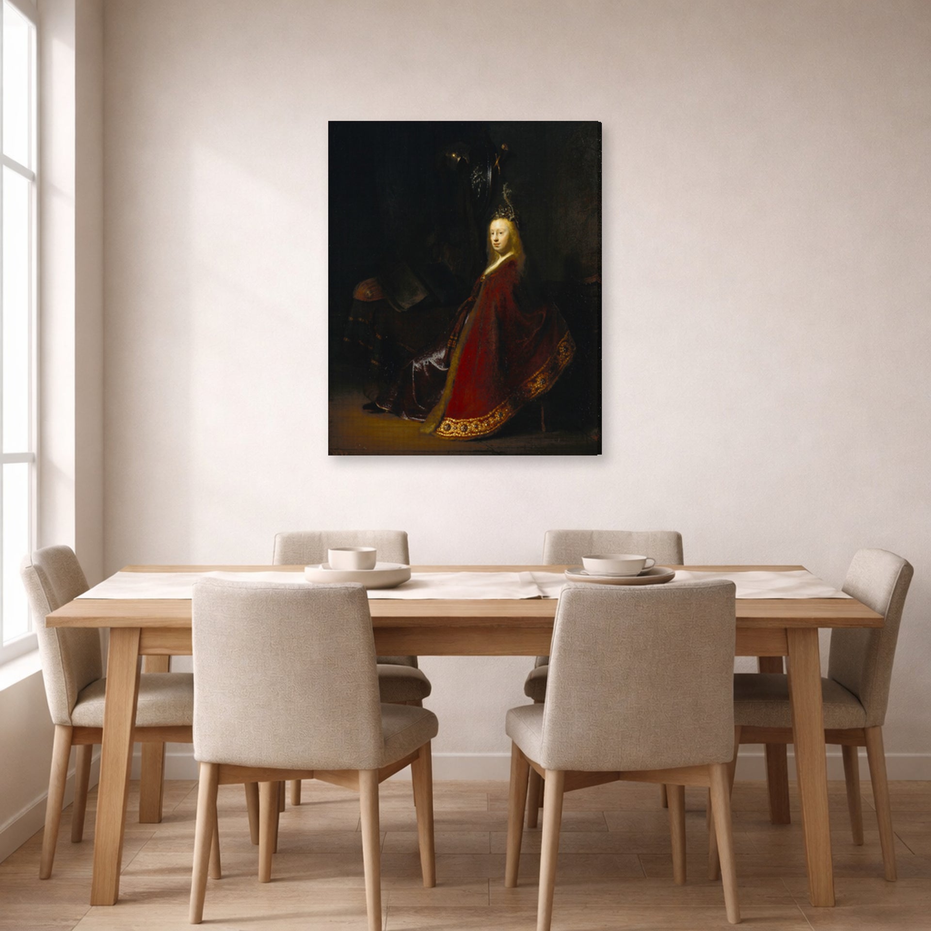 Gallery-wrapped canvas print of Rembrandt's Minerva displayed on a wall in a dining room