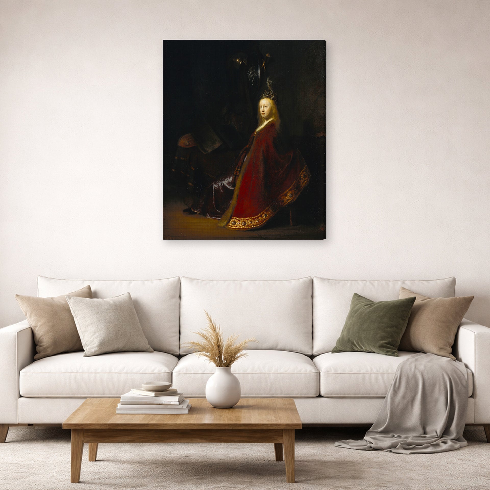 Gallery-wrapped canvas print of Rembrandt's Minerva displayed on a wall in a living room