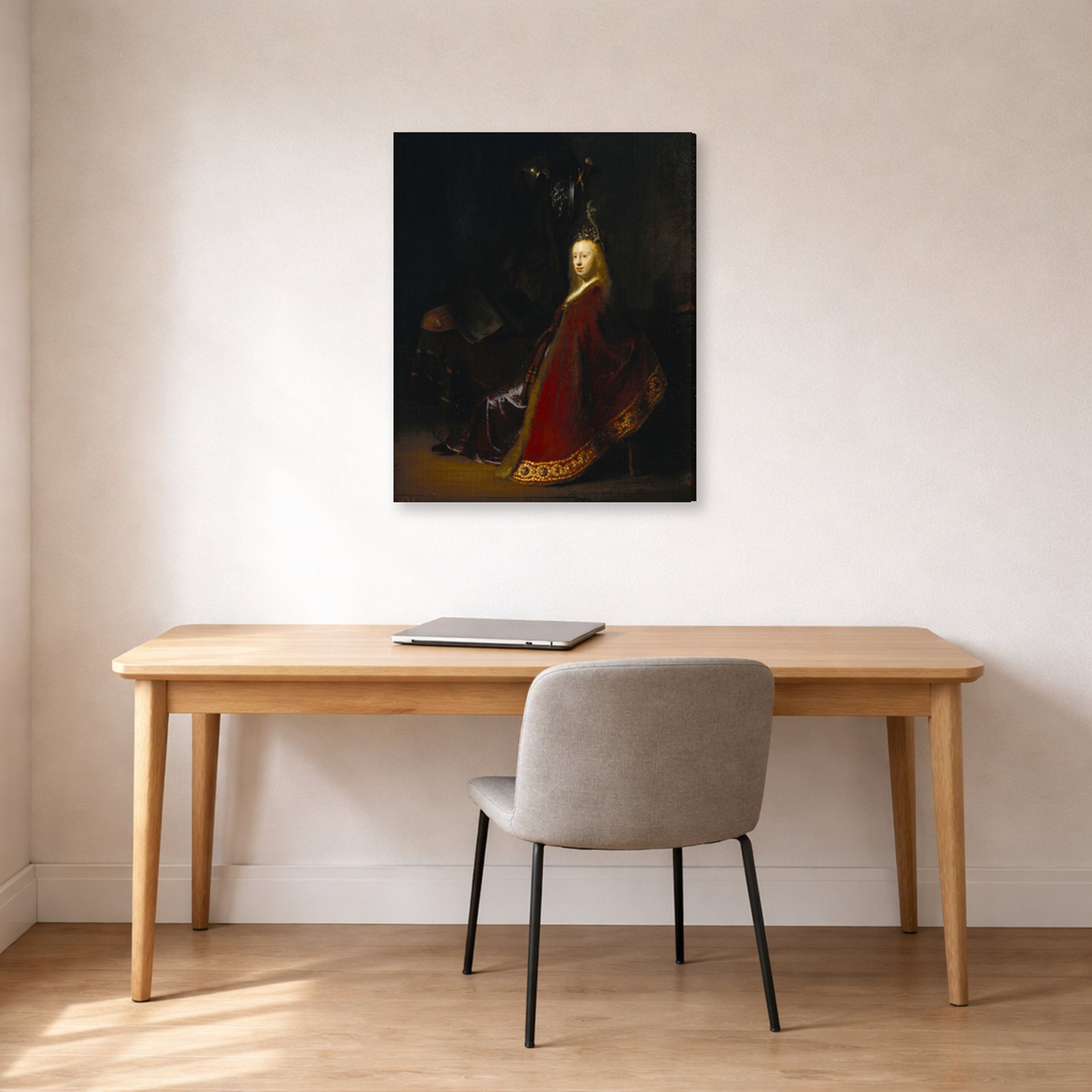 Gallery-wrapped canvas print of Rembrandt's Minerva displayed on a wall in an office