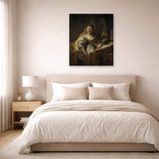 Gallery-wrapped canvas print of Rembrandt's Minerva in Her Study displayed on a wall in a bedroom