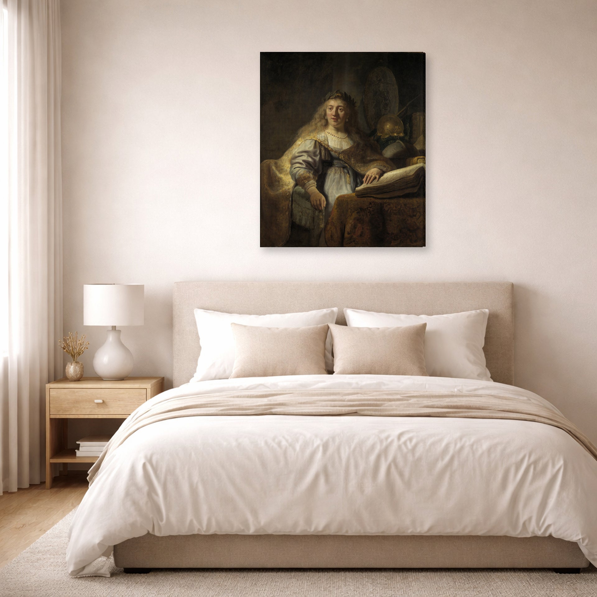 Gallery-wrapped canvas print of Rembrandt's Minerva in Her Study displayed on a wall in a bedroom