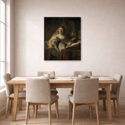 Gallery-wrapped canvas print of Rembrandt's Minerva in Her Study displayed on a wall in a dining room