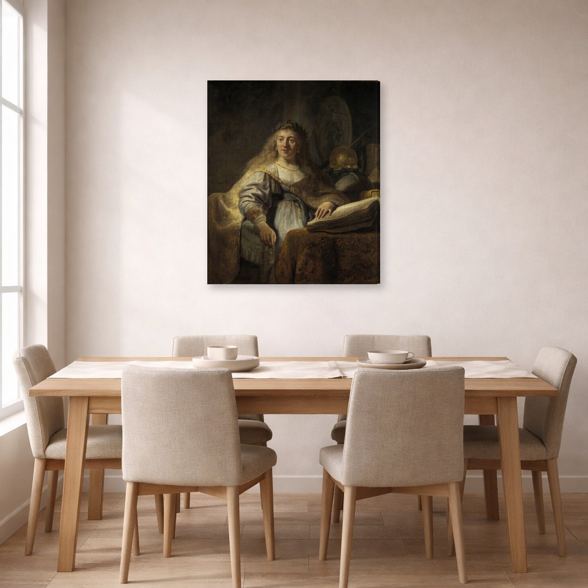Gallery-wrapped canvas print of Rembrandt's Minerva in Her Study displayed on a wall in a dining room