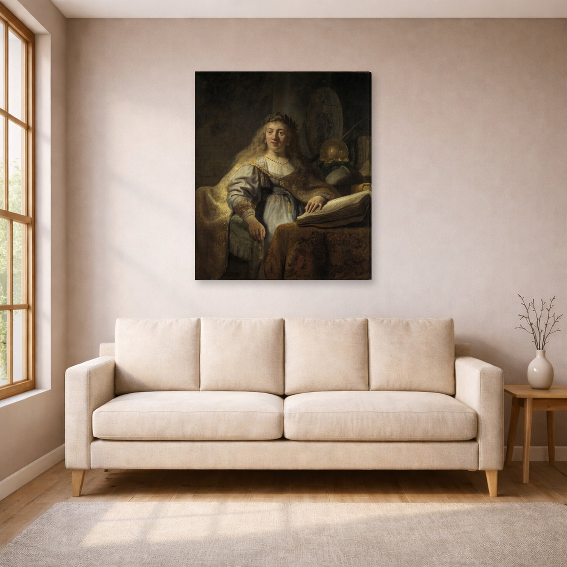 Gallery-wrapped canvas print of Rembrandt's Minerva in Her Study displayed on a wall in a living room