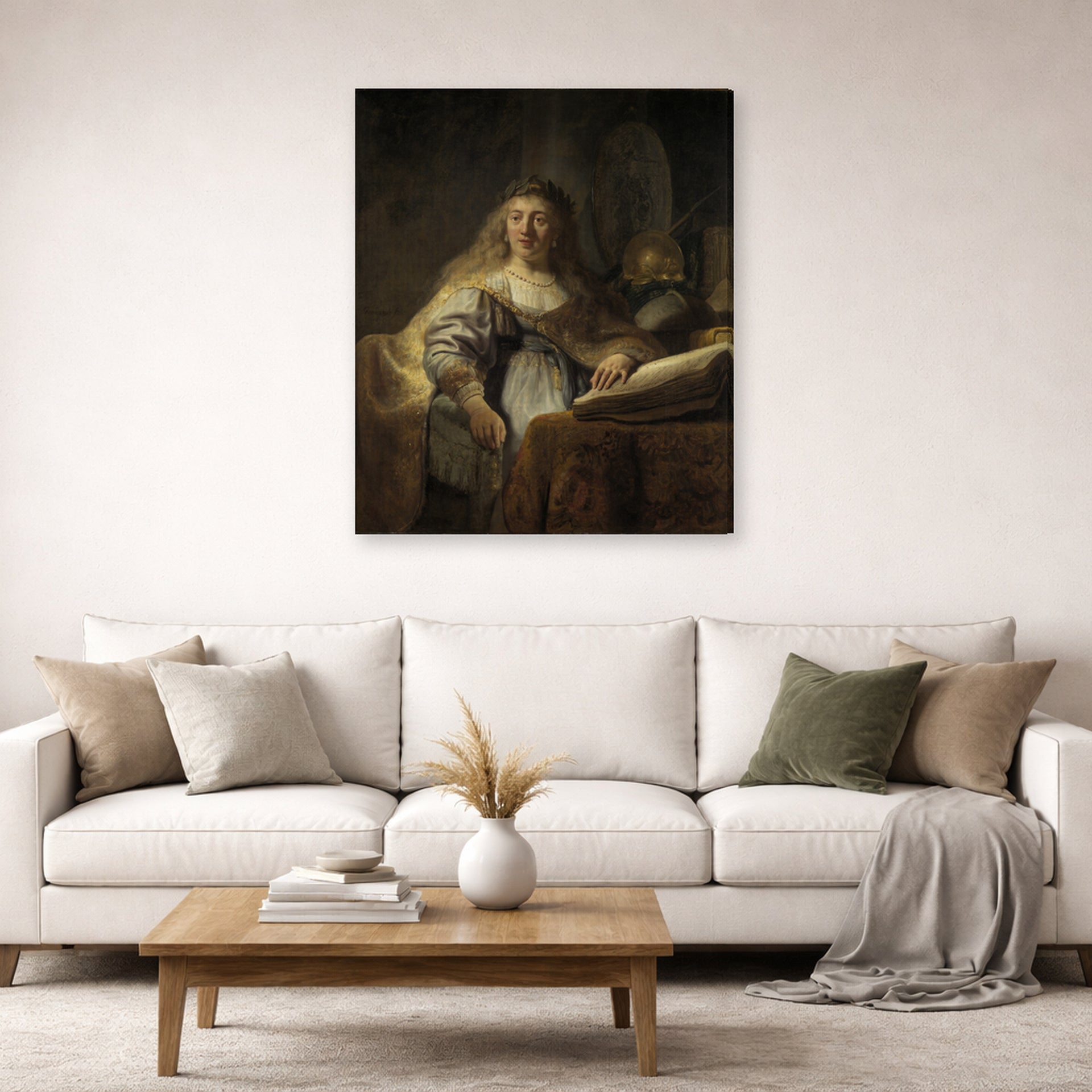 Gallery-wrapped canvas print of Rembrandt's Minerva in Her Study displayed on a wall in a living room