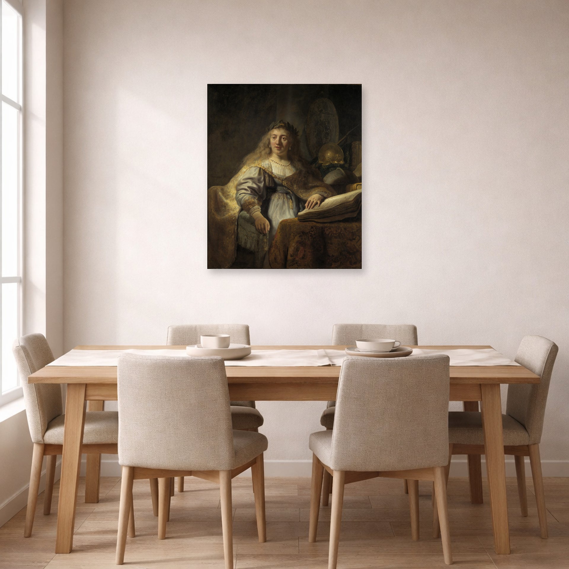 Unframed poster print of Rembrandt's Minerva in Her Study displayed on a wall in a dining room