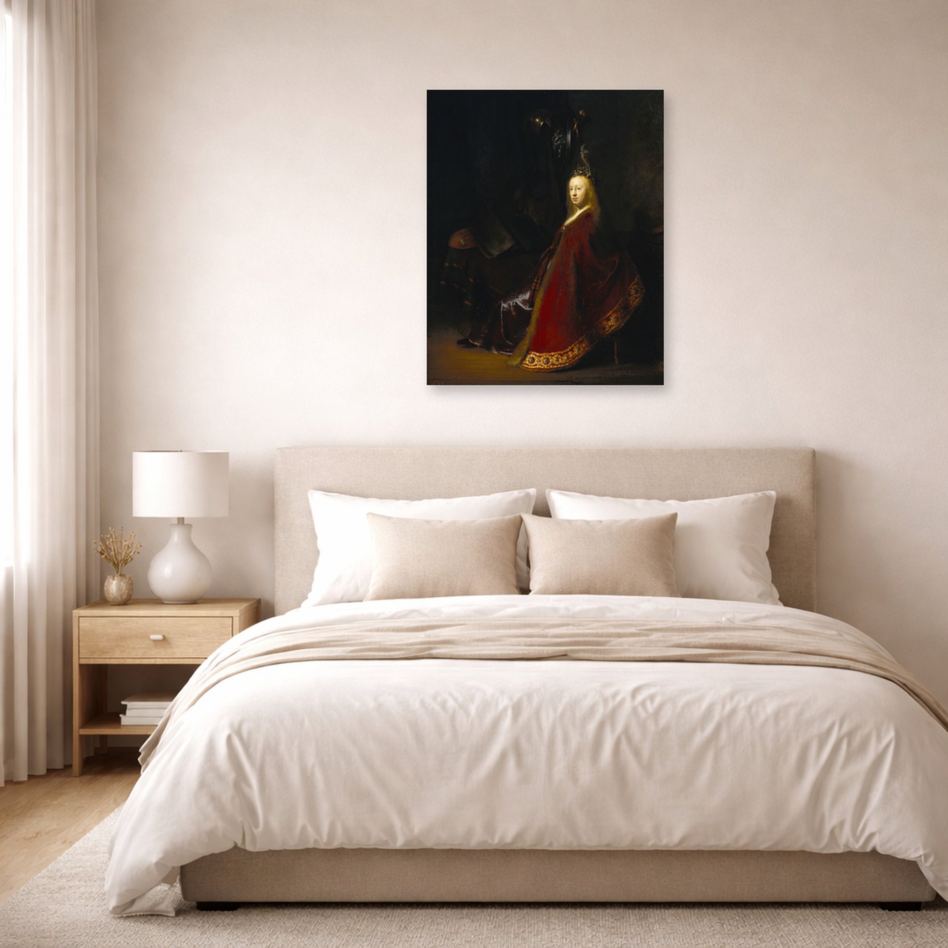 Unframed poster print of Rembrandt's Minerva displayed on a wall in a bedroom