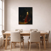 Unframed poster print of Rembrandt's Minerva displayed on a wall in a dining room