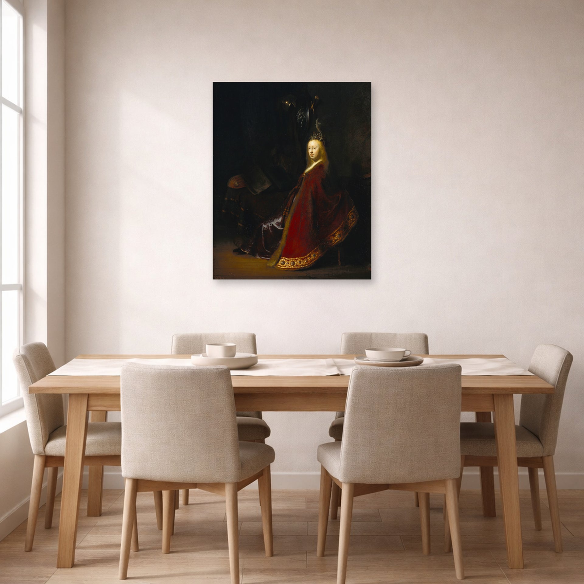Unframed poster print of Rembrandt's Minerva displayed on a wall in a dining room