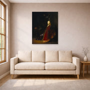 Unframed poster print of Rembrandt's Minerva displayed on a wall in a living room