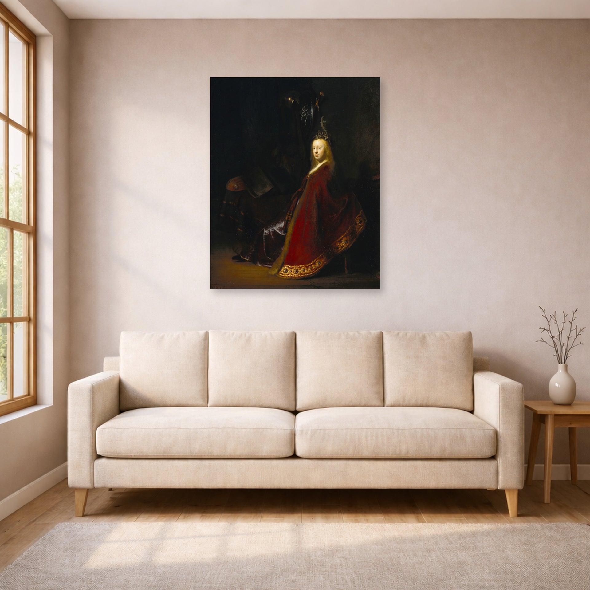 Unframed poster print of Rembrandt's Minerva displayed on a wall in a living room
