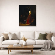 Unframed poster print of Rembrandt's Minerva displayed on a wall in a living room